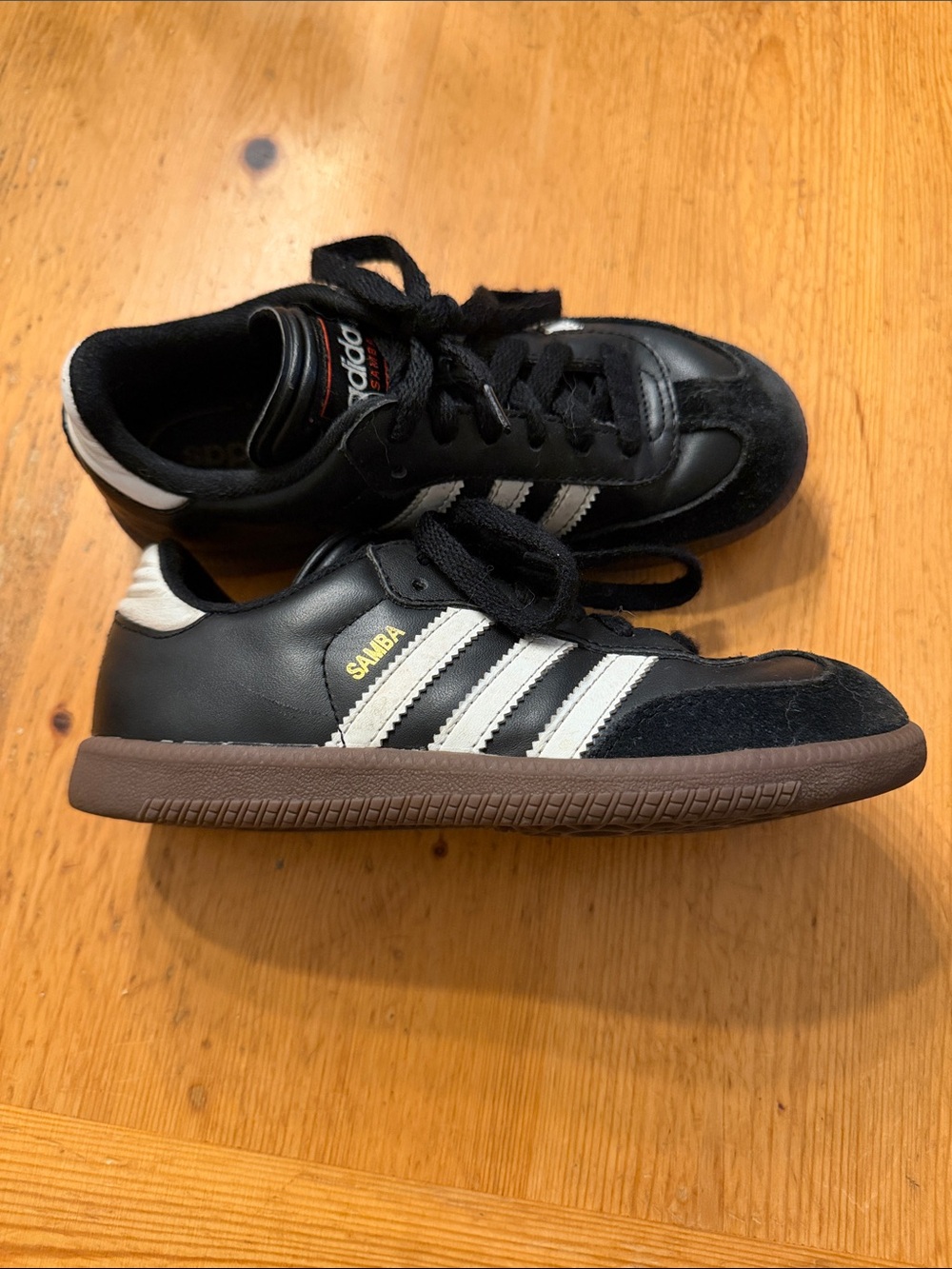 adidas Kids Samba Sneakers in Black, White, Brown Sole
